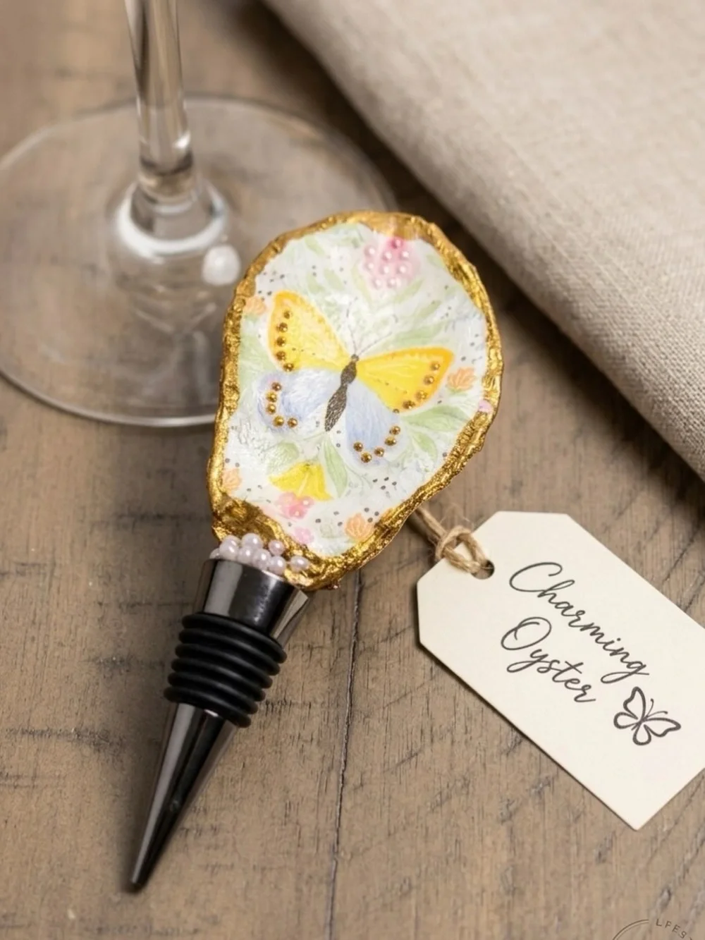 Hand-Painted Butterfly Oyster Wine Bottle Stopper – Yellow Accent